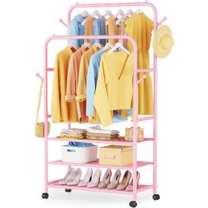 Furologee Pink Clothes Rack, Double Rods Clothing Racks for Hanging Clothes, Rolling Garment Racks with 3-Tier Shelves, Portable Rack with Wheels for Bedroom, Laundry, Living Room