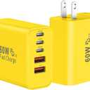 USB C Fast Wall Charger Block, 2Pack 60W USBC Charging Cubes, 5-Port PD+QC Power Adapter Multiport Brick Type C Box Plug for Phone 16/ 15/ 14/ 13/ 12/ 11/ Pro Max/ Plus, Pad Mini/ Pro/ S25/ S24-Yellow