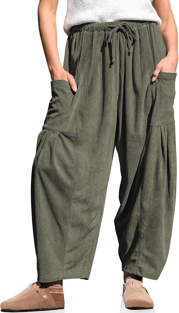 TARSE Womens Corduroy Pants Barrel Casual Loose Baggy Drawstring Wide Leg Palazzo Harem Pants with Pockets, XL