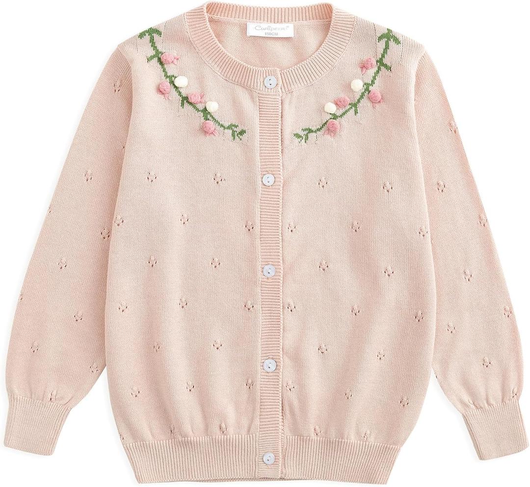Curipeer Little Girls Cardigan Sweater Buttons Long Sleeve Toddler Knitted Jacket 2-8Y (Beige, S)