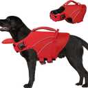 Queenmore Large Dog Life Jackets, Reflective Dog Swimming Vest with Enhanced Buoyancy, High Visibility Pet Life Preserver with Front Neck Float, Pet Life Vest for Boating (Red,2XL)