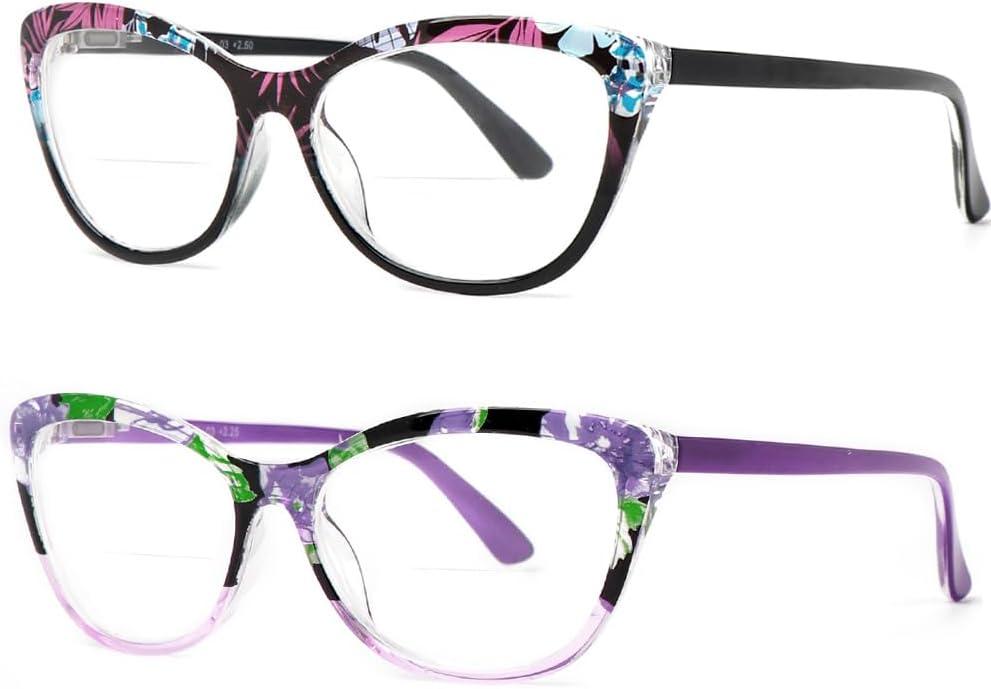 2 Pairs Cat-eye Bifocal Reading Glasses Women With Spring Hinge, Designer Floral Printed Frame Readers 1.75X (1 Purple Flower Pattern & 1 Black Flower Pattern)