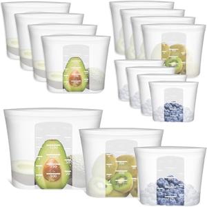 Reusable Storage Bag, 11 Pack 100% Silicone Food Storage Bags Stand Up Silicone Zip Lock Bags for Food Container, Freezer Microwave Oven Dishwasher Safe, 4 Medium 4 Small 3 Extra Small, Translucent