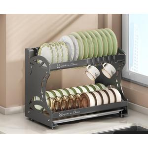 2-Tier Kitchen Dish Rack with Cutting Board & Knife Storage - Multi-Functional Countertop Drying Rack for Plates, Bowls, Utensils - Space-Saving Drainer Organizer for Sink Counter (Alloy)