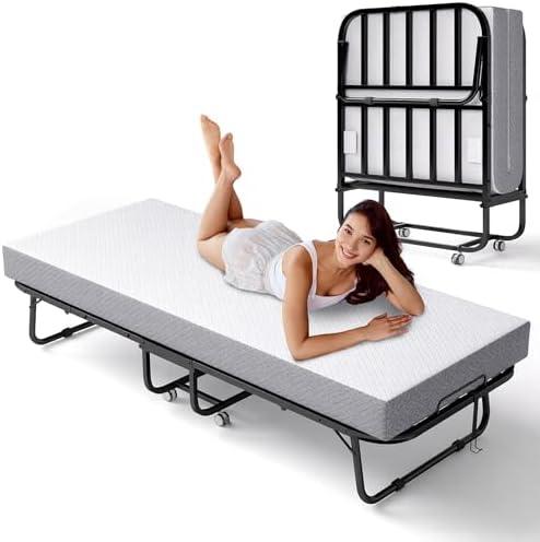 Decofy Folding Bed without Memory Foam Mattress, Portable Rollaway Guest Beds on Wheels, 75"x31" Twin Size Space-Saving Cot-Size Bed for Adults with Easy Assembly Metal Frame (White)