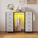 LUMTOK 55W 2-in-1 Dresser with Hanging Rack, 10 Drawers Dresser for Bedroom,Dressers with Fabric Drawers,LED Lights, Charging Station and Hanging Racks for Bedroom (Greige), 13.7"D x 54.6"W x 42.9"H