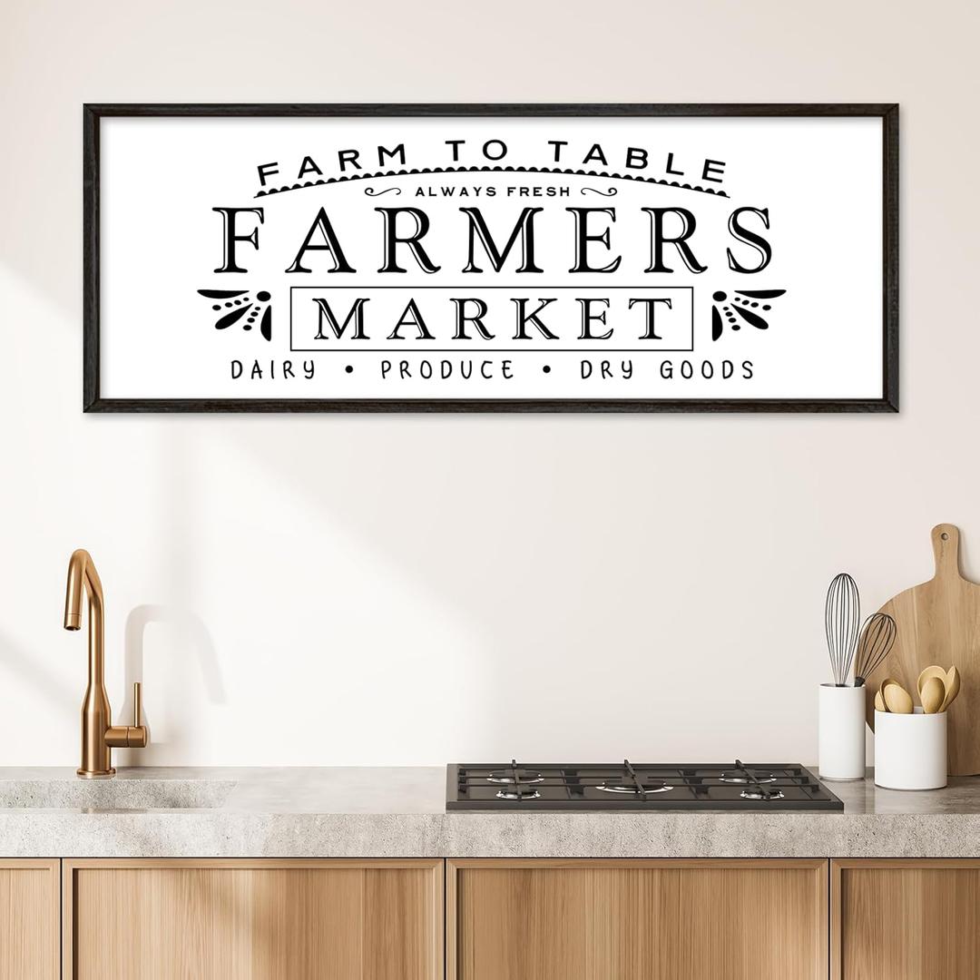 YWMZYKJGS Kitchen Sign Farm to Table Always Freshs Farmers Market Dairy Produce Dry Goods Wall Decor Art 32"X12" Large Rustic Farmhouse Vintage Dining Room Horizontal Wall Hanging (Black)