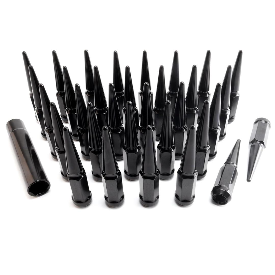 32PCS 9/16-18 Wheel Spike Lug Nuts, Black Spiked Lug Nuts 9/16-18 Solid 4.4" Tall Acorn Lug Nut with 1 Socket Key Replacement for Dakota, Durango, Ram 1500, Ram 2500 3500, Chassis cab, Aspen