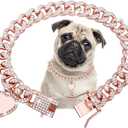 Cuban Dog Chain with Pet ID Tag, Bling Crystal Choke Collar Dog Metal Training Chain Walking Necklace for Small Medium Large Dogs Cats (16in, Rose gold)