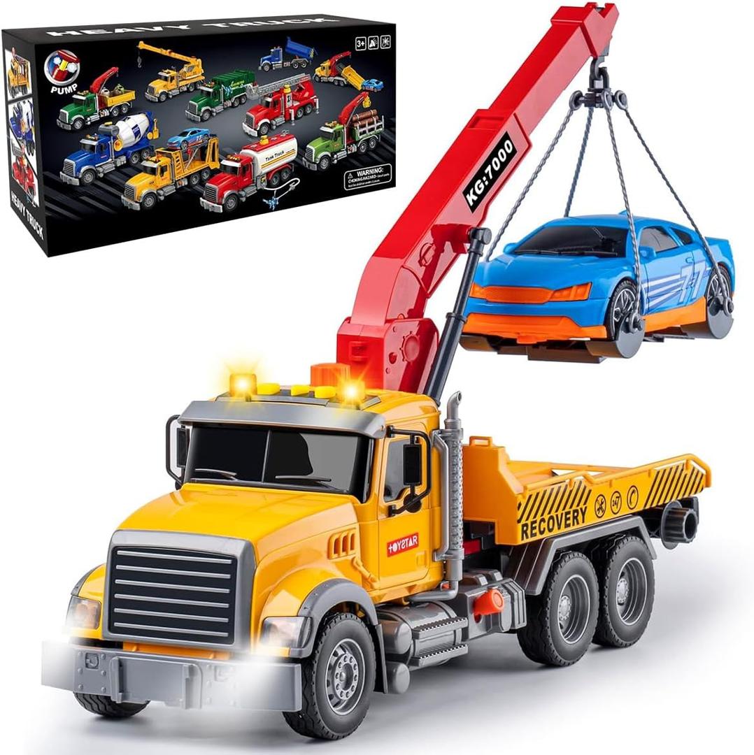 15" Large Tow Truck Toy,Friction Powered Transport Truck Crane Toy with Lights and Sounds,with Roadster,Kids Toys for 3 4 5 6 7 Years Old Boys Girls Gifts