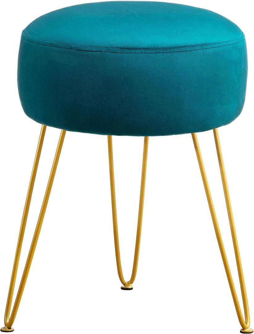 LUE BONA Vanity Stool, Teal Vanity Stools for Makeup Room, Round Ottoman Foot Stool, Velvet Footrest Vanity Chair for Bathroom Vanity, Bedroom, Living Room, Entryway, Offices, 300lbs