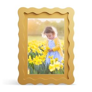 THKRLOF 5x7 Picture Frame with Mat for 4x6, Wavy Edge Wooden Real Glass Photo Frame for Tabletop and Wall Hanging, Yellow, 1 Pack