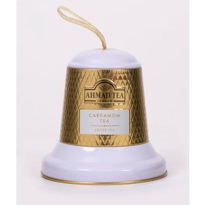 Ahmad Tea Gold and White Ornament Bell, Holiday Gifting, Contains Festive Spice Cardamom Loose Leaf Tea