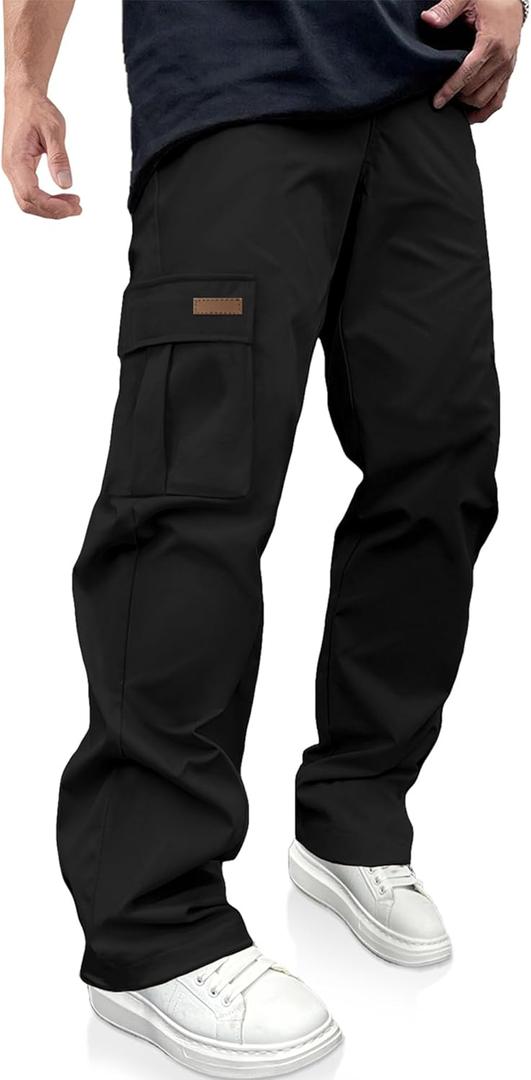 PLEPAN Men's Casual Cargo Pants Drawstring Hiking Workout Tactical Joggers Sweatpants for Men with Pockets (3X-Large, Black)