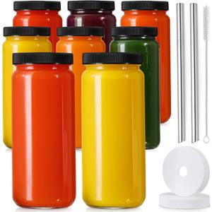 [ 7 Pack ] Glass Juicing Bottles with 2 Straws & 2 Lids w Hole- 16 OZ Travel Drinking Jars, Water Cups with Black Airtight Lids, Reusable Tall Mason Jar for Juice, Bubble Tea, Smoothie, Tea, Kombucha