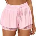 GOBLES Women's Summer High Wide Waistband 2 in 1 Butterfly Workout Athletic Tennis Shorts (Pink, L)