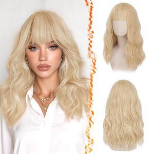 BARSDAR 18 Inch Wavy Light Blonde Wig With Bangs - Medium Length Blonde Wig With Bangs for Women, Soft Wavy Curly Synthetic Shoulder Length Wigs Daily Party Halloween