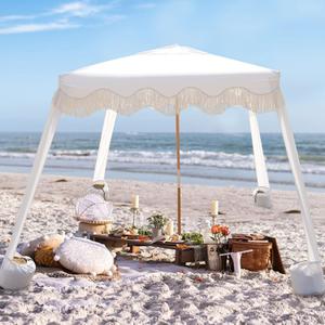 AMMSUN Beach Cabana with Fringe, 7' x 7' Boho Beach Canopy with Tassels, Easy Set up & Premium Wood Pole, Cabana Tent with Sand Pockets, Instant Sun Shade for Sand, Garden, Patio, Elegant White
