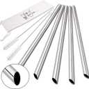 [Angled Tips] 5 Pcs 10" Reusable Bubble Tea Straws & Smoothie Straws, 0.5" Wide Stainless Steel Straw, Metal Straw for Boba, Tapioca Pearl, Milkshakes, Jumbo Drinks | 2 Cleaning Brushes