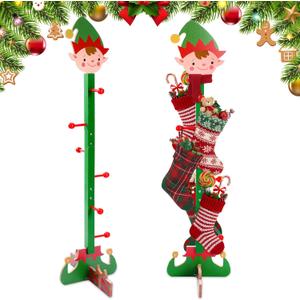 Novabright Christmas Stocking Holder Stand Xmas Freestanding Stocking Holder Stand Wooden Tree Coat Rack for Floor Bedroom Fireplace Mantle Scarf Belt Hat Holiday Decor 47 Inch(Christmas Elf)