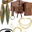 9 Pcs Pirate Costume Accessories Women Pirate Bandanas Head Scarf Renaissance Corset Belt Pouch Eye Patch Jewelry (M:Fit Waist Size 30-36inch, A-brown Green)
