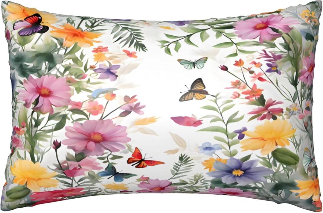 Spring Flower Butterfly Satin Pillowcase with Zipper Queen Size Pillow Cover 20"x30" Silk Pillow Case for Hair and Skin Cooling Pillowcase