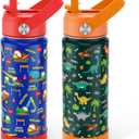Fimibuke Kids Insulated Water Bottle, 18oz BPA FREE Kids Cups with Straw Double Wall Vacuum Tumbler 18/8 Stainless Steel Leak Proof Toddler Water Bottle for School Boys Girls (2 Pack, Dinosaur/Truck)