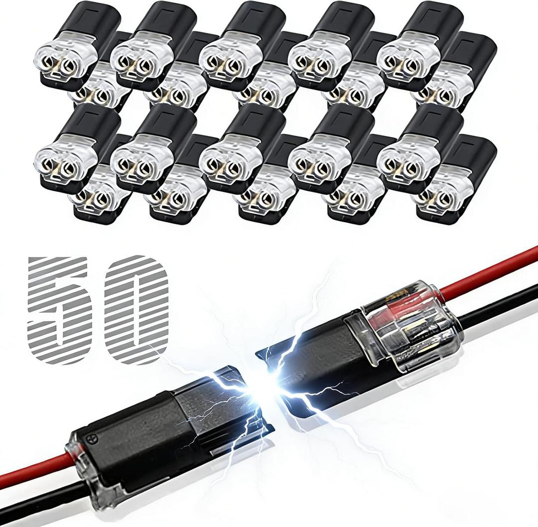50pcs Double Wire Plug in Connector with Locking Buckle, Quick-Clip Fasteners Multi-Purpose Snap-On Blocks for Strip Lights DIY Crafting, Low-Voltage Decor & Model Kits 2 Pin