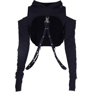 AULKEEP Gothic Punk Long Sleeve Cold Shoulder Hooded Crop Tops Buckle Strap Hoodie Sweatshirt L