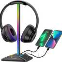 New Bee Headphone Stand with RGB Lighting, Sturdy Aluminum Gaming Headset Holder with USB-C & USB Charging Ports, Stable Desktop Earphone Stand for All Headphones Size, Black