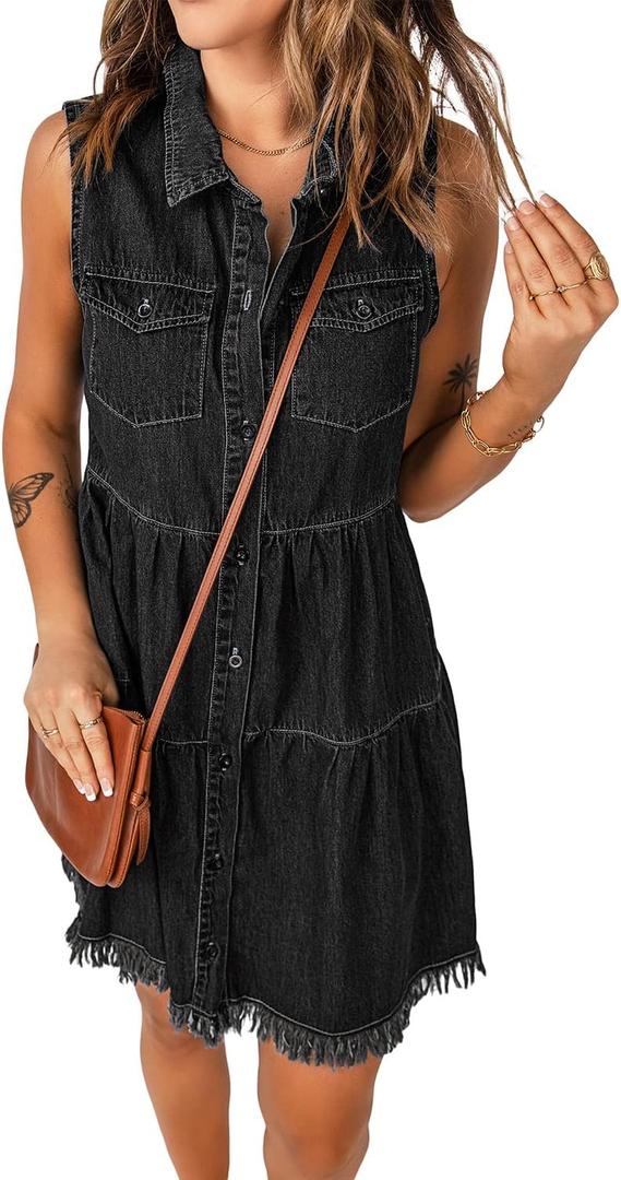 luvamia Women's Summer Sleeveless Denim Dress Button Down Knee Length Dress Faded Black Size Medium fits Size 8-10
