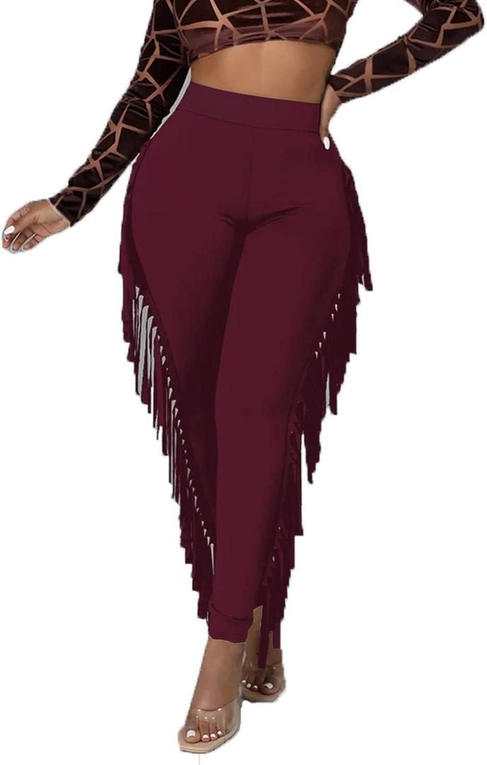 LYANER Women's High Waist Fringe Jogger Sweatpants Tassels Side Bodycon Pants (Burgundy#)