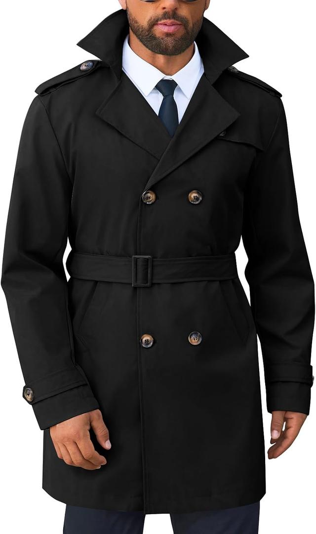 Runcati Men's Trench Coat Double Breasted Notched Lapel Long Jacket Belted Windbreaker Casual Slim Fit Overcoat M