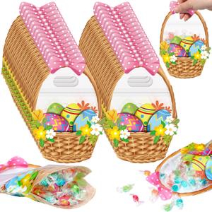 Eaasty 50 Pcs Easter Gift Bags Easter Basket Treat Bags with Handle Resealable Colorful Eggs Floral Bow Plastic Sealing Candy Pouches for Egg Hunt Holiday Party Candy Gift Wrap Supplies Decorations