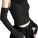 QJK Hooded Off Shoulder Gothic Bodycon Crop Top with Sleeve (Black, L)