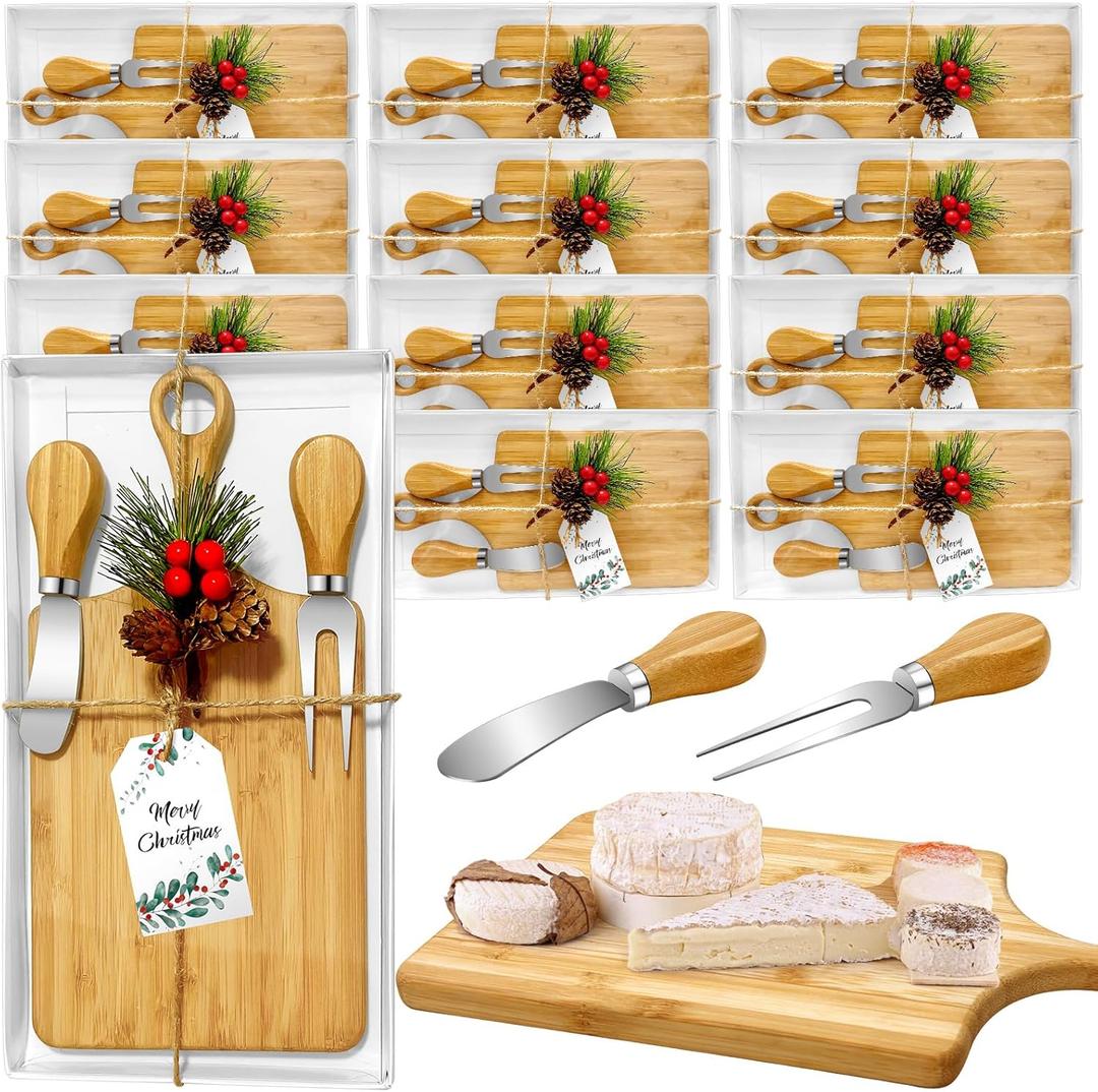 12 Set Christmas Gifts Bridal Shower Favor Bamboo Wooden Square Cheese Board Gift Set Cheese Knives Mini Cutting Board Bulk Set Tags and Boxes Christmas Party Birthday