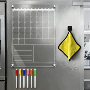 Acrylic Magnetic Dry Erase Calendar for Fridge Clear Vertical Monthly Whiteboard Planner Erasable Planning Board White 16" x 12" w/ 6 Color Wet Erase Marker