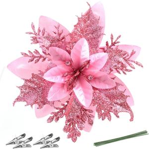 Christmas Poinsettia Artificial Flowers Decorations 5.5" Christmas Tree Wreaths Garland Decoration 12 Pcs Glitter Flowers Picks Decor for Xmas New Year Wedding Party Ornaments (Pink)