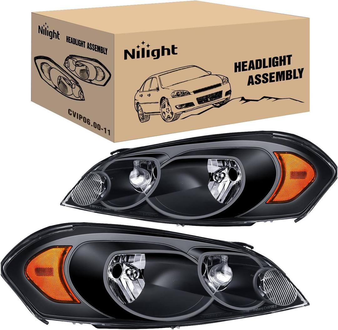 Nilight Headlight Assembly Compatible with 2006 2007 2008 2009 2010 2011 2012 2013 2014 2015 2016 Impala 06 07 Monte Carlo Replacement Black Housing Amber Reflector