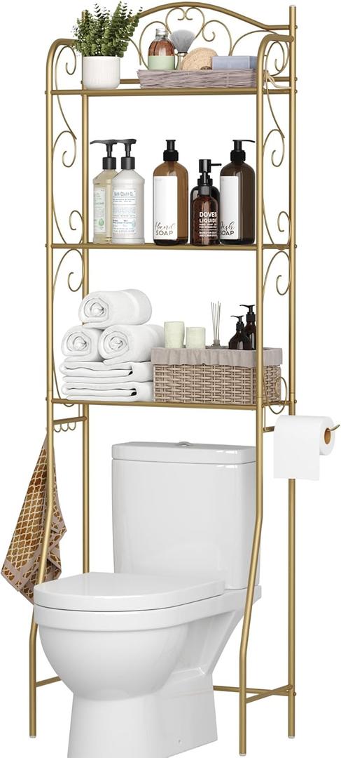 HOME BI Over The Toilet Storage Shelf, 3-Tier Over Toilet Bathroom Organizer Rack, Freestanding Space Saver Toilet Stands with Hooks, Gold, 31.501" W X 9.45" D X 46.45" H