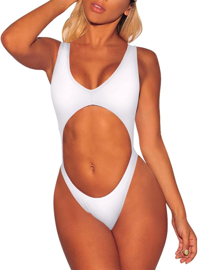 Viottiset Women's Cutout High Cut One Piece Thong Swimsuit Bikini Monokini Bandage (01-white)