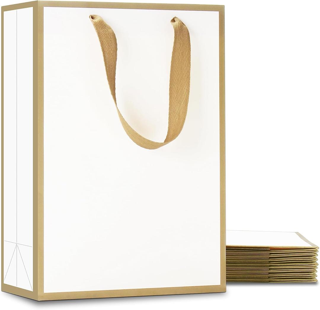 YACEYACE White Gift Bags - Medium Size, 10 Pcs, 8" x 4" x 10.5" with Gold Frame, Paper Party & Wedding Bags