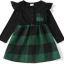 PATPAT Family Matching Outfits Mommy and Me Dresses Matching Set Long Sleeve Plaid Midi Dress and Casual Button Down Shirts (3-4T, Green)