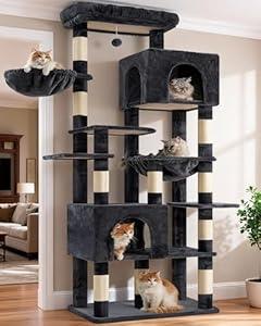 Heybly Cat Tree, 76-Inch Tall Heavy Duty Cat Tower for Big Cats with Extra Wide Baseboard, Multi-Level Large Cat Furniture with 2 Condos & 2 Hammocks, 10 Scratching Posts, Smoky Gray HCT039G
