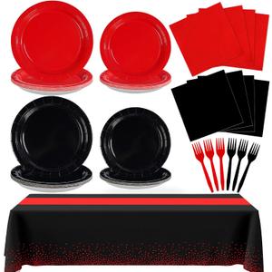 98 Pcs Red and Black Party Supplies Valentine's Day Black and Red Paper Plates Napkins Forks Tablecloths Tableware Set for Valentines Day Fiesta Congrats Wedding Birthday Party Decorations Serves 24
