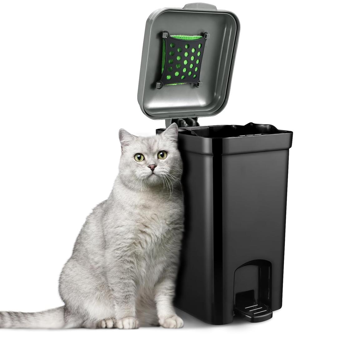 Small Trash Can for Dog Poop Cat Litter Outdoor & Indoor with Lid Hands-Free Pedal 5L/1.3 Gallon Inner Bin Bathroom Bedroom with 20 PCS Waste Bags & Activated Carbon Bag ABS-5L-GB