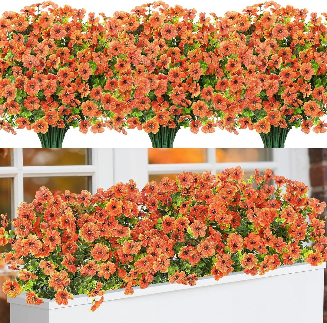 Bassion Fall Artificial Flowers for Outdoors, 16 Bundles Silk Fake Mums Autumn UV Resistant Faux Plants for Planter Outside Window Box Porch Patio Garden Home Fall Decorations (Orange)