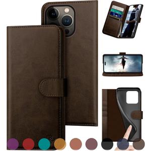 compatible with iPhone 16 Pro 6.3"Genuine Leather Wallet caseRFID Blocking4 Credit Card HolderReal LeatherFlip Folio Book Phone case Protective Cover Women Men for Apple 16Pro case Brown