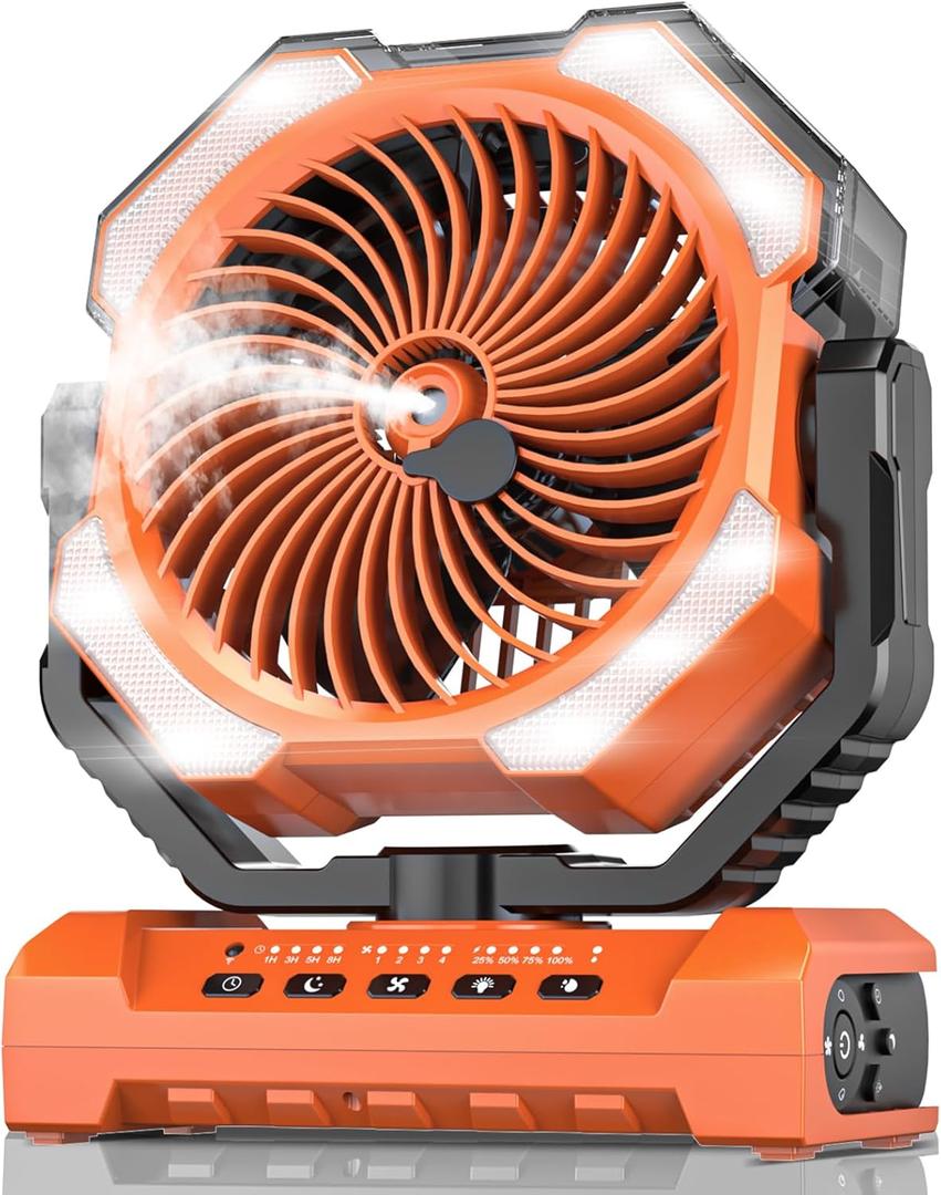 Misting Fan Portable with 250ml Water Tank, 24000mAh Rechargeable Cooling Fans for Outside, Outdoor Water Misters with 2 Mist Modes, Remote Control Camping Fan with Timer for Beach, Patios, Tents (Orange)