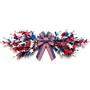 4th of July Patriotic Swag Red White and Blue Memorial Day Front Door Floral Twigs Swag with Forsythia Flowers Stars Independence Day 250th Anniversary Veterans Day Decor for Arch Wall Home Decor